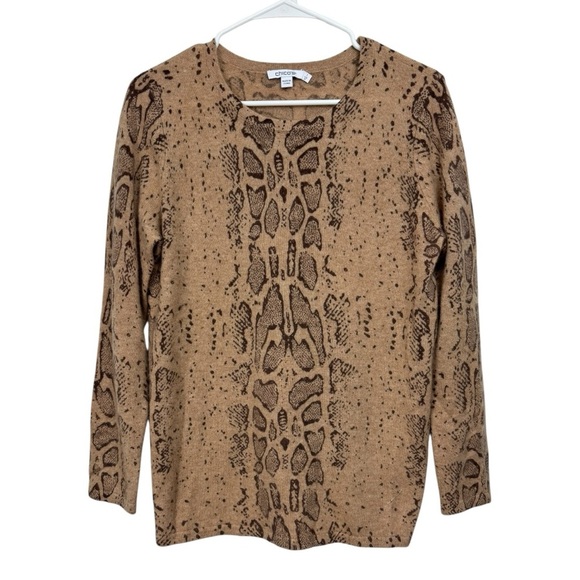 Chico's Size 1 Snake Print Tan Pullover 100% Cashmere Sweater Super Soft - Picture 1 of 5
